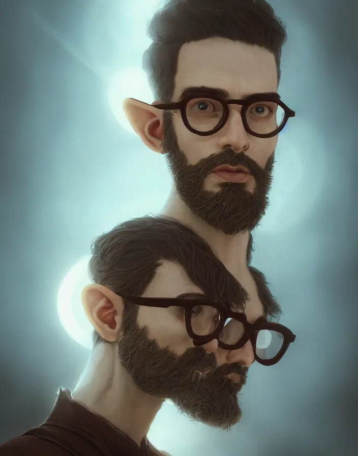 Image similar to portrait of a handsome male elf mage with a beard wearing jean paul gaultier eyewear, magic hour, fog, intricate artwork by Tooth Wu and wlop and beeple and dan mumford. octane render, trending on artstation, greg rutkowski very coherent symmetrical artwork. cinematic, hyper realism, high detail, octane render, 8k, depth of field, bokeh