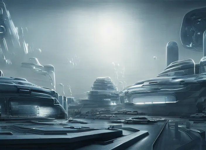 Prompt: cult of technology, exterior, scifi, machines, robots, ultra realistic, transparent labs, metallic surface, highly detailed, white, futuristic landscape, city, utopian architecture, atmosphere, masterpiece, portals, epic lighting, glow, mysterious, 4 k, cinematic, art by patryk olkiewicz and chris ostrowski and liang yao