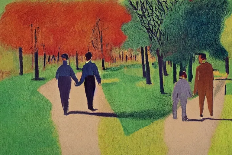 Image similar to a very tall man named John with dark hair holding the hands of a short young boy named Alex with dark hair as they walk down a suburban highway on a bright beautiful colorful day. part in the style of an edgar degas painting. part in the style of david hockney