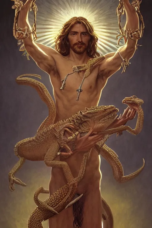 Image similar to fullbody!! dynamic action pose, christ with the head of a scaly cold blooded reptilian lizard holding a holy cross in his claws, intricate, elegant, highly detailed, digital painting, artstation, concept art, smooth, sharp focus, illustration, art by artgerm and greg rutkowski and alphonse mucha