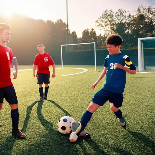 Prompt: 3 Football players play soccer with sun on the space soccer field, heroic, cinematic lighting