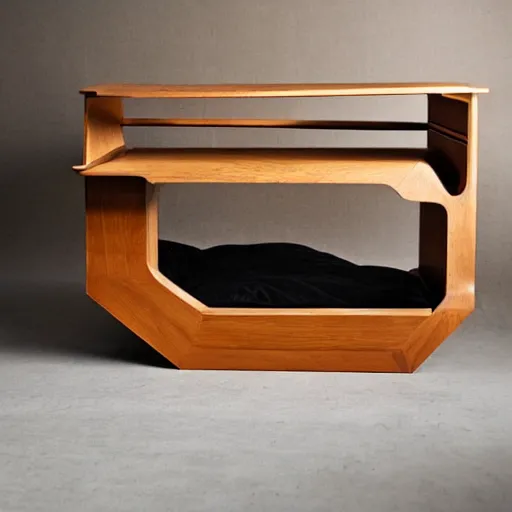 Prompt: wooden luxurious dog bed inspired by Marcel Breuer