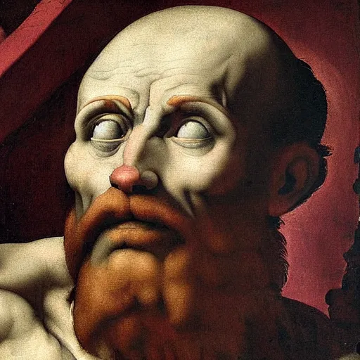 Prompt: scared man looking up, high detail painting by michelangelo