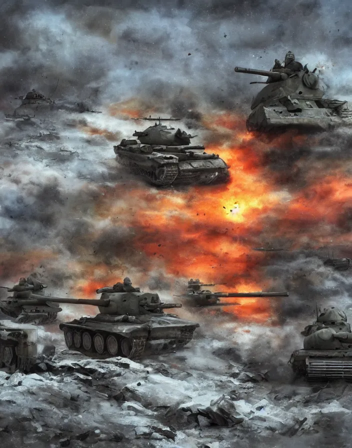 Prompt: Concept art of random World War 2 cinematic scenes in winter, german and soviet soldiers, german and soviet tanks firing, some tanks destroyed, fire and grey smoke, boixcar style, matte painting, vaporwave vaporwave vaporwave watercolor cover art with warm and vibrant colors, volumetric light, art by Stanley ‘Artgerm’ Lau and Alex Ross, award-winning masterpiece with incredible and beautiful details digital art, trending on artstation, smooth, HD, 4K