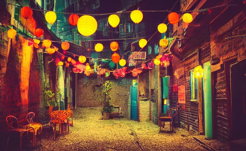 Image similar to mini cafe diorama macro photography, alleyway, ambient, colorful paper lanterns, atmospheric photograph, string lights, romantic