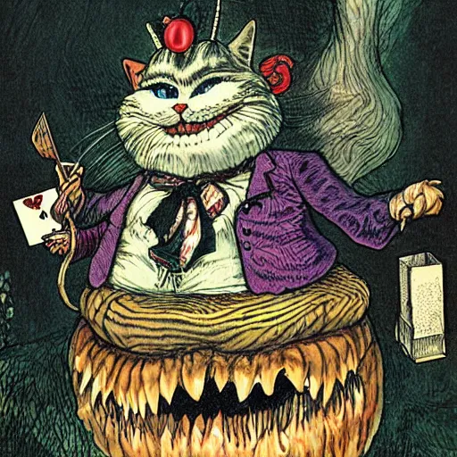 Prompt: cheshire cat eating queen of hearts, leading cat rebellion in wonderland, detailed, by John Tenniel