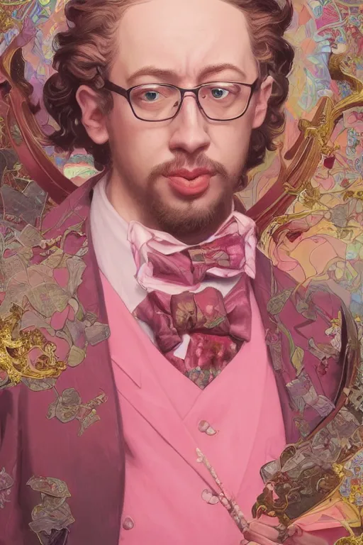 Image similar to Sam Hyde wearing a luxurious pink 3 piece suit, highly detailed, digital painting, artstation, concept art, sharp focus, unreal engine 5, art by  Peter Mohrbacher alex ross and greg rutkowski and alphonse mucha, baroque ornament details, vivid colors, high details, cinematic, 8k resolution, beautiful detailed, photorealistic, digital painting, artstation, concept art, smooth, sharp focus, illustration, fantasy background, artstation trending, octane render, unreal engine