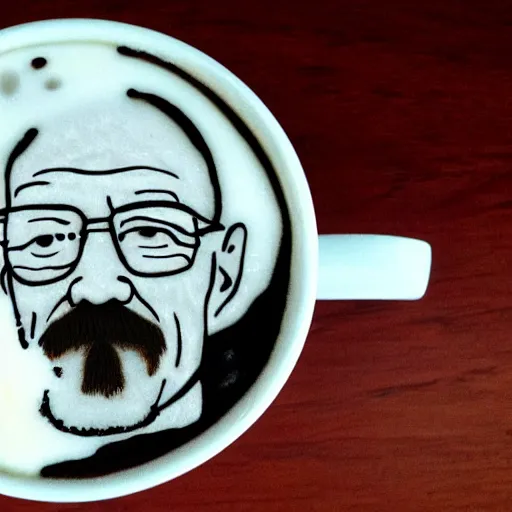 Image similar to walter white latte art in a cup of coffee, highly detailed