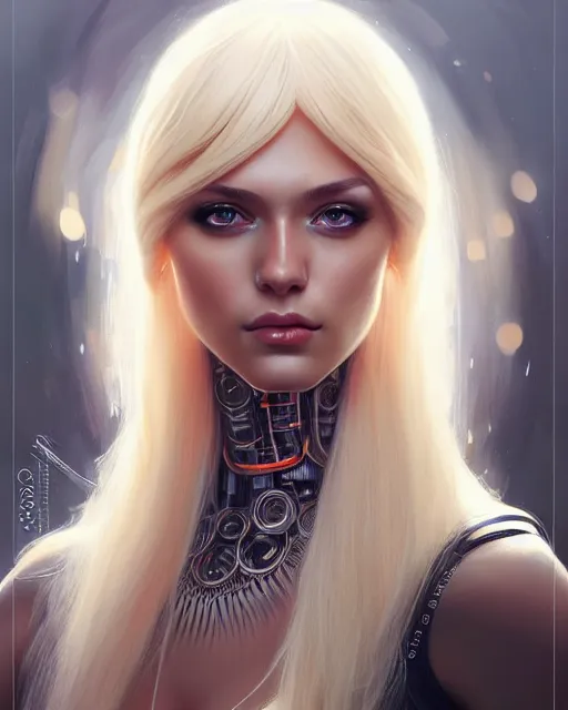 Image similar to paulina andreeva ( better than us ) portrait, blonde, straight hair wig, fantasy, intricate robotic designs, elegant, highly detailed, sharp focus, art by artgerm and greg rutkowski and wlop