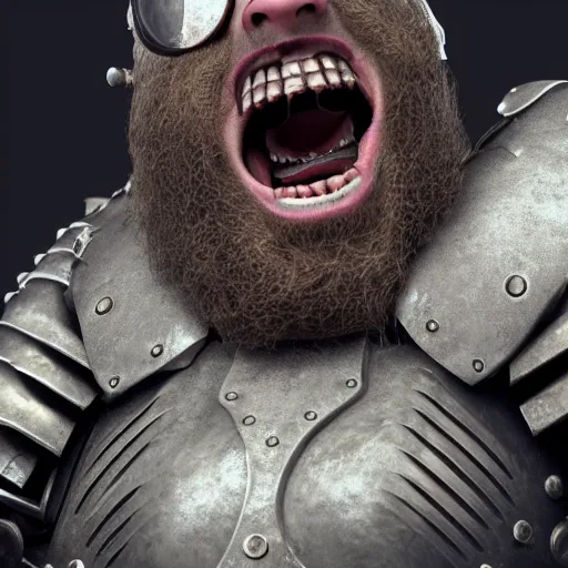 Prompt: highly detailed octane render of a close up portrait of an ugly man with a beard wearing goggles and armour and screaming in a cave