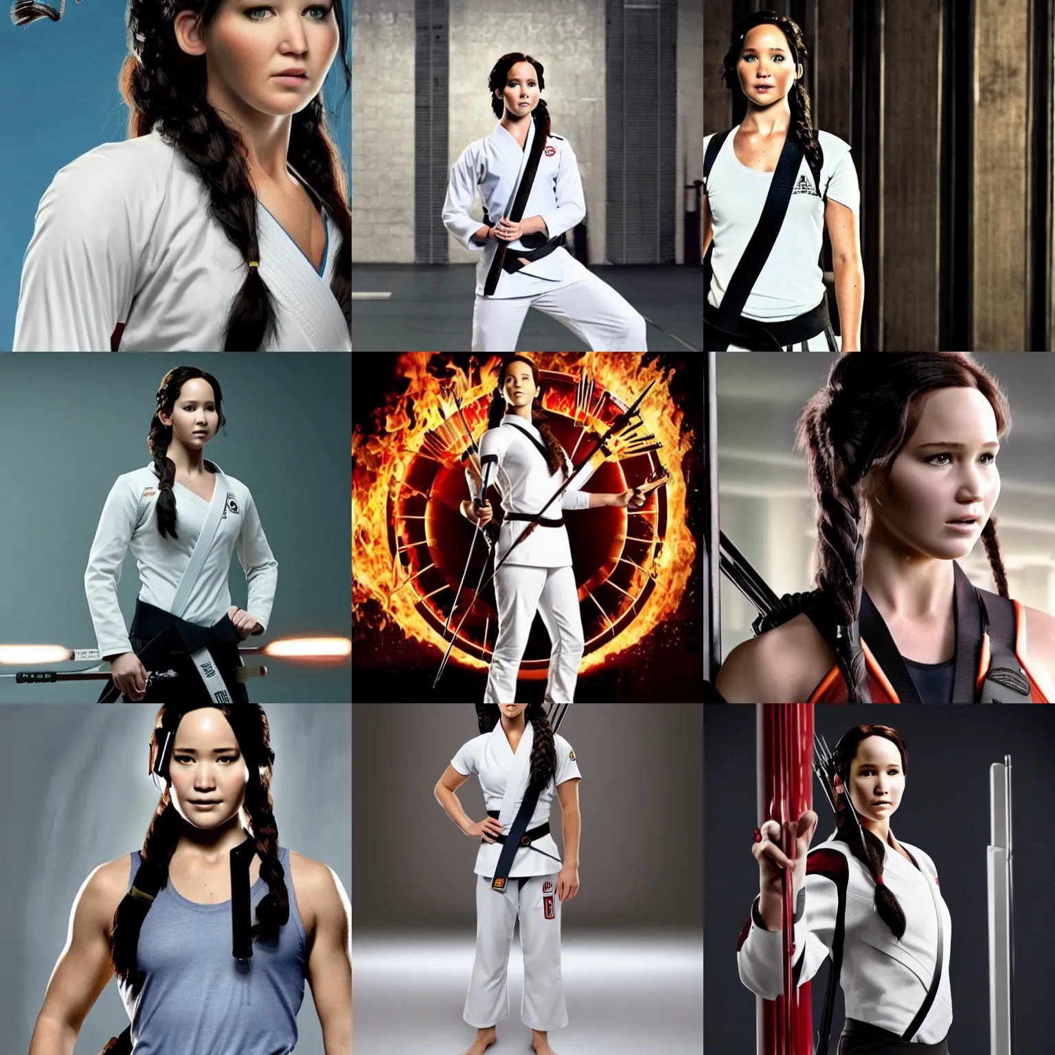 Prompt: promotional photo of katniss everdeen, in a gym, wearing a white karate gi, standing, full body, 4 k / 8 k, award - winning, high quality, detailed, intricate