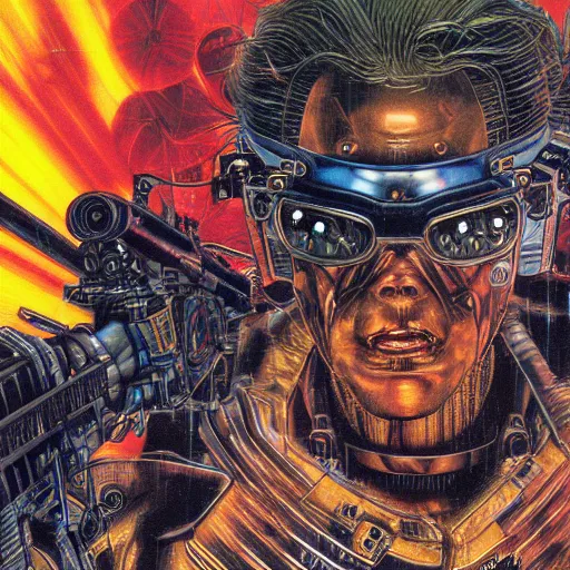 Image similar to portrait closeup of crazy terminator firing guns, symmetrical, cinematic colors, by yoichi hatakenaka, masamune shirow, josan gonzales and dan mumford, ayami kojima, takato yamamoto, barclay shaw, karol bak, yukito kishiro