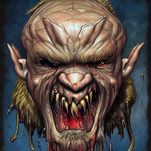 Image similar to grimpunk vile reprobate portrait portrait Cyclops Cyclops Cyclops Polyphemus Ogre grimaces with horrible tusks face nose septum ring ears tombow alexandre briclot Dave Dorman splatterpaint