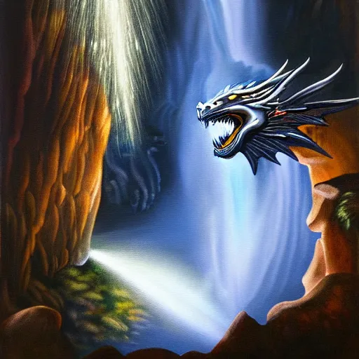 Prompt: oil painting of a dragon flying in the air near a cave with a waterfall in the center, light emanating from the waterfall leading to a big pool of water, dragon has black and white siberian tiger stripes, elegant, sharp focus, wide shot, clear, detailed, early renaissance