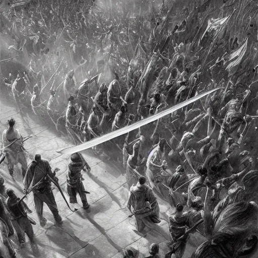 Image similar to close up of biggest sword fight ever, pencil sketch, realistic shaded, fine details, realistic shaded lighting poster by greg rutkowski