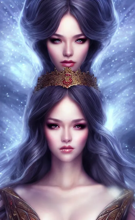 Image similar to a fantasy photo of gorgeous russian female, evening gown, bokeh, medium shot, beautiful face, professionally retouched, soft lighting, realistic, smooth face, perfect eyes, sharp focus, 8 k realistic high definition, insanely detailed, intricate, elegant, art by artgerm and kyoung hwan kim