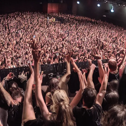 Image similar to metal band on stage but singer is the queen of england, event photography, detailed, realistic, crowd, dslr