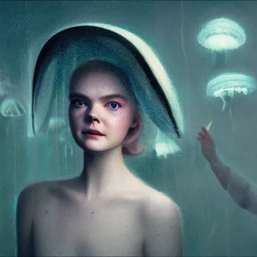 Prompt: Elle Fanning wearing a jellyfish helmet in the style of Paola Vetri, head and shoulders portrait, stormy weather, extremely detailed masterpiece, oil on canvas, low-key neon lighting, artstation, Blade Runner 2049, Roger Deakin’s cinematography, by J. C. Leyendecker and Peter Paul Rubens and Edward Hopper and Michael Sowa,