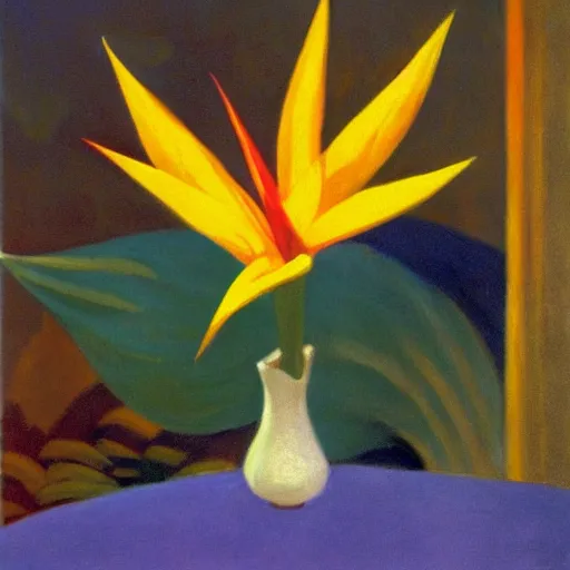 Prompt: bird of paradise flowers in a Hawaiian setting, golden hour, by Edward Hopper and Georgia O’Keefe
