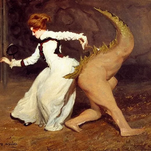 Image similar to young victorian woman fighting a monster, by alfred stevens