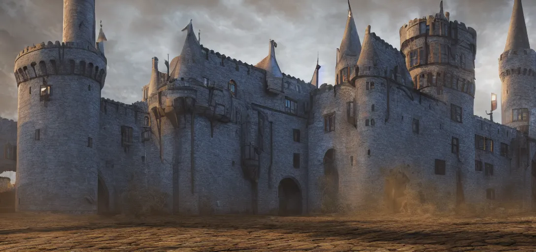 Prompt: A digital concept art painting of a dark blue medieval european ghotic castle with black brick in desert, 4K UHD image, unreal engine