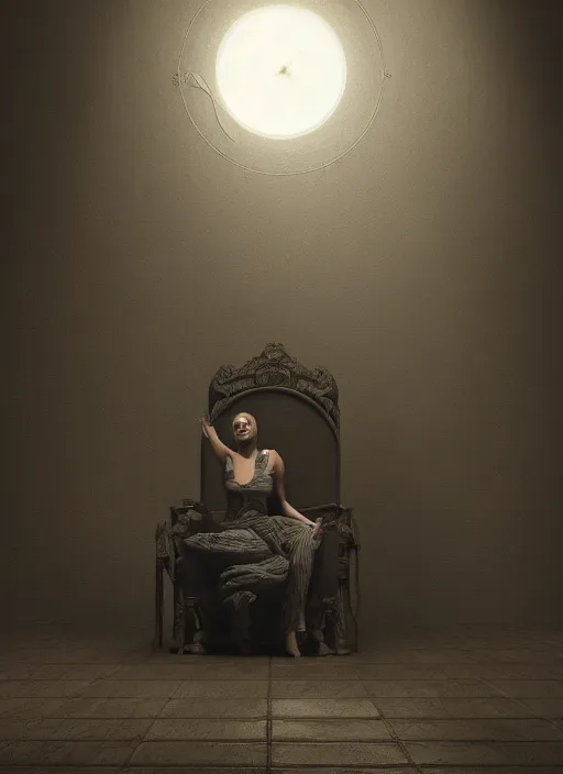 Image similar to a woman sitting in a chair in a dark room, a detailed matte painting by giger, trending on cgsociety, video art, tesseract, rendered in unreal engine