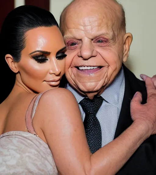 Prompt: Don Rickles hugging kim kardashian in a retirement home