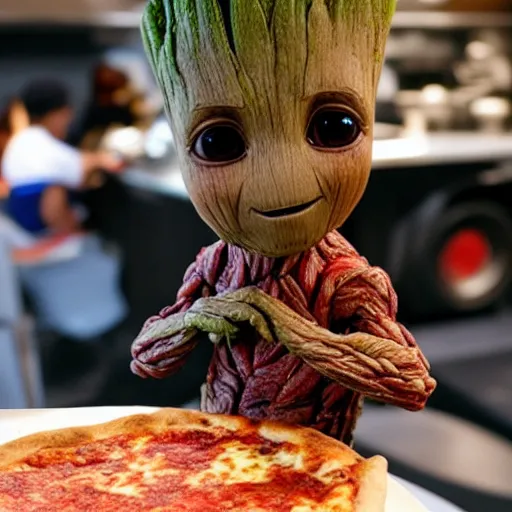 Prompt: Baby Groot eating a pizza