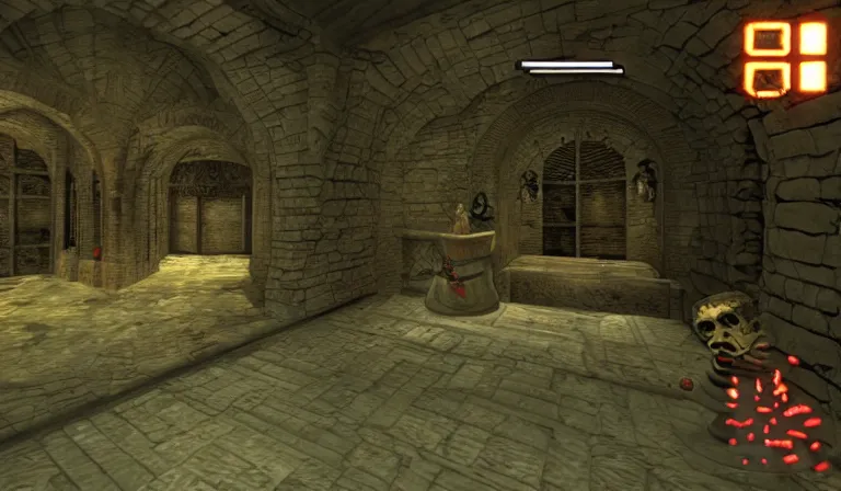 Image similar to Dungeon crawler with UI, 2DCG, 3D environment, first-person POV PS1 game, designed by Hieronymous Bosch!!!!!