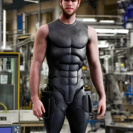 Image similar to a realistic detailed photo of a guy who is an attractive humanoid who is half robot and half humanoid, who is a male android, actor liam hemsworth, shiny skin, posing like a statue, blank stare, in a factory, on display, showing off his muscles