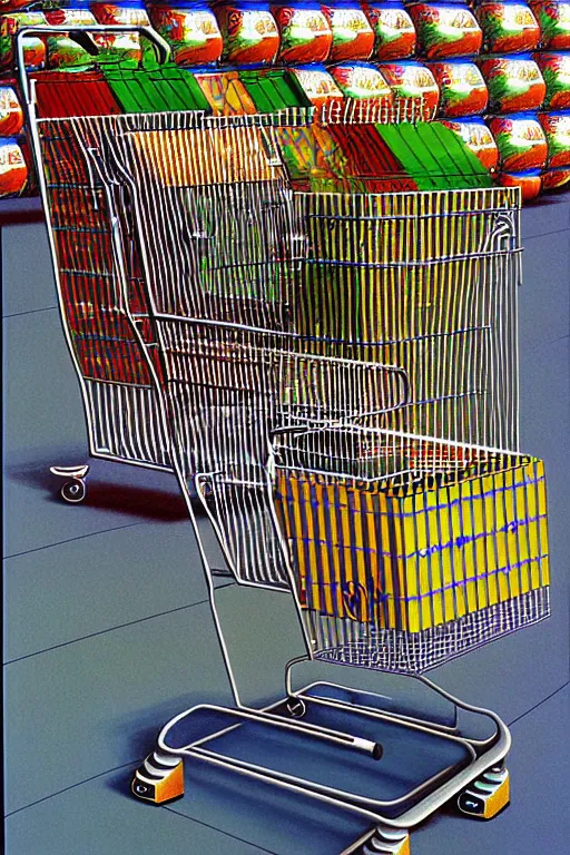 Image similar to a hyperrealistic detailed painting of a creature made of shopping carts at the super market by chris cunningham and richard corben, highly detailed, vivid color,