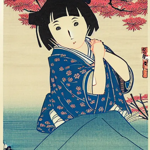 Image similar to Japanese woodblock print of real girl dora the explorer, hokusai