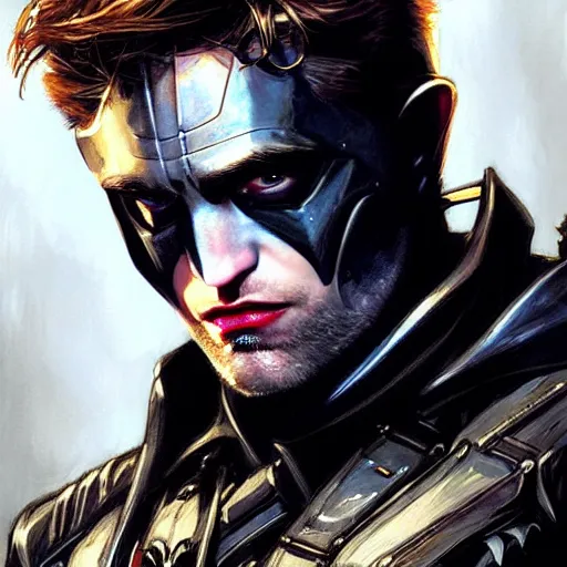 Image similar to Robert Pattinson as Arkham Knight western, D&D, fantasy, intricate, elegant, highly detailed, digital painting, artstation, concept art, matte, sharp focus, illustration, art by Artgerm and Greg Rutkowski and Alphonse Mucha