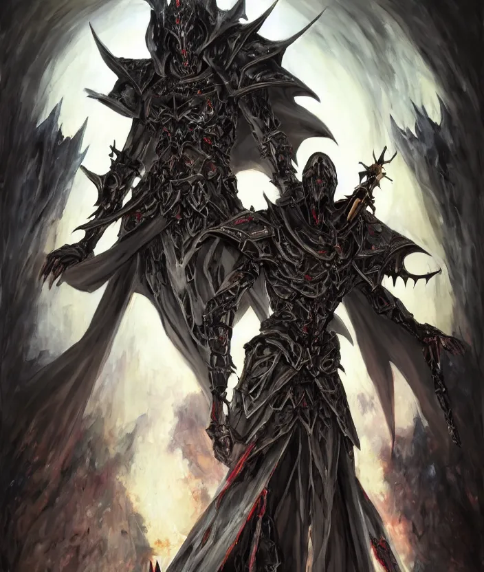 Prompt: anime ainz ooal gown from overlord wears daedric armor surrounded by his army of undead, oil painting!!!, runes, overlord!!!, magic, dark, gloomy, portrait, concept art, symmetrical, 4 k, macro detail, stride, realistic shadows, concept art, bloom, cosplay, elderscrolls, anime, dviant art