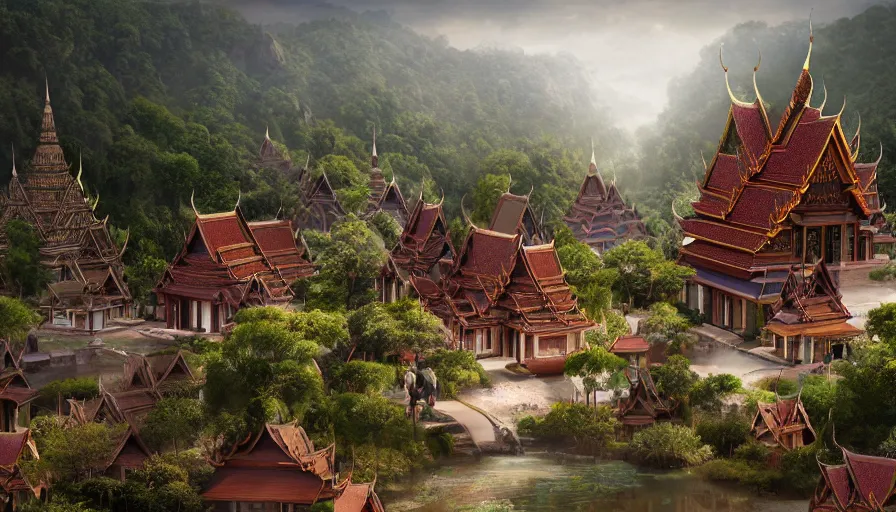 Image similar to matte painting of a beautiful thai village, digital art, trending on artstation