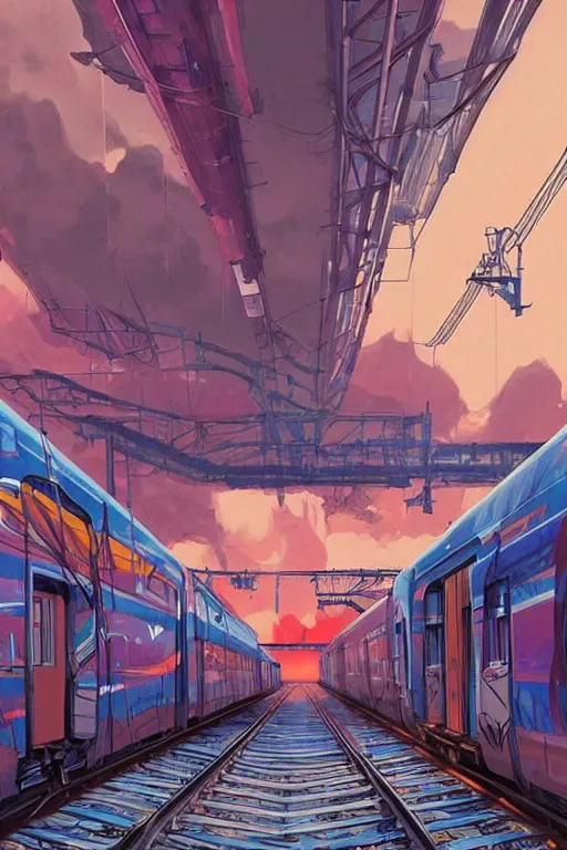 Image similar to trains covered in dripping graffiti paint, by hiroshi yoshida and moebius and loish and artgerm, painterly, symmetrical, ultra detailed, hyper realistic, illustration, sunset lighting