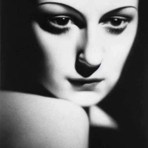 Prompt: close - up portrait of a femme fatale, by dora maar and man ray and lee miller, 1 9 3 4, photography, side lighting, cinematic lighting, very aesthetic, beautiful, light and shadow, masterpiece, black and white, tri - x 4 0 0