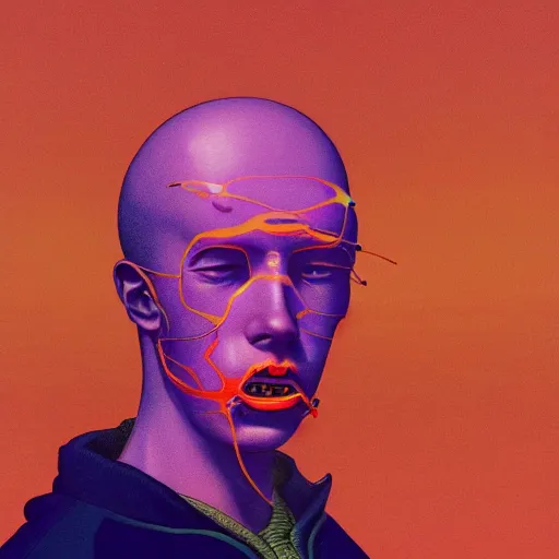 Image similar to a scifi closeup portrait of a young british man licking a blotter paper of LSD acid on his tongue and dreaming psychedelic hallucinations in cosmos, by kawase hasui, moebius, Edward Hopper and James Gilleard, Zdzislaw Beksinski, Steven Outram colorful flat surreal design, hd, 8k, artstation