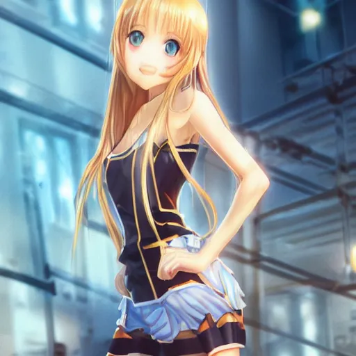 Image similar to a very beautiful young yuuki asuna, full body, long wavy blond hair, sky blue eyes, full round face,, shiny golden bikini, miniskirt, front shot, locked in a bright prison cell, highly detailed, cinematic wallpaper by stanley artgerm lau