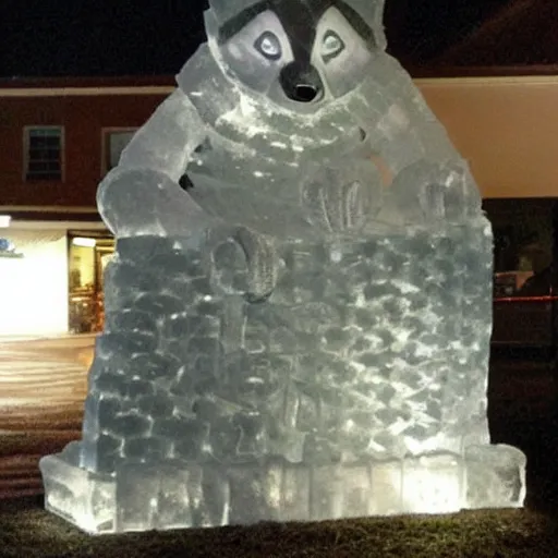 Image similar to an ice sculpture of a raccoon striking a heroic pose.