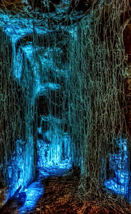 Prompt: vines in a very dark cave, blue lighting, decayed, creepy