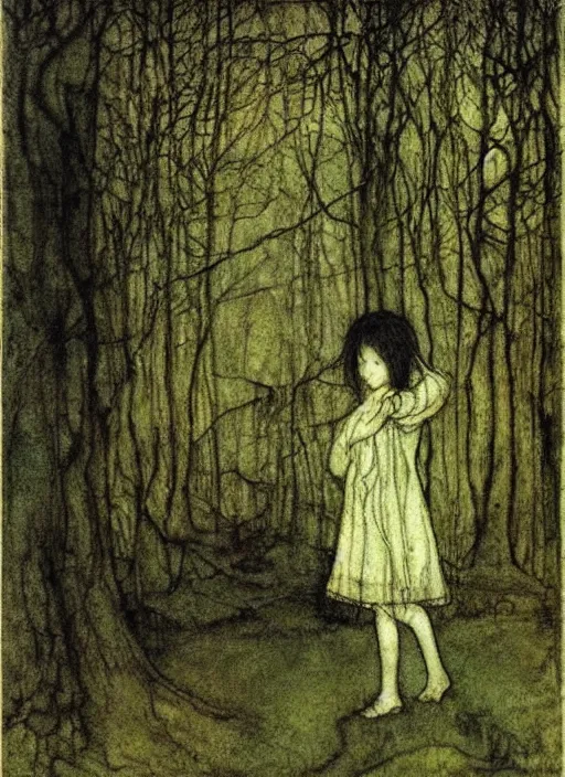 Prompt: little girl in the scary woods by john bauer, arthur rackham