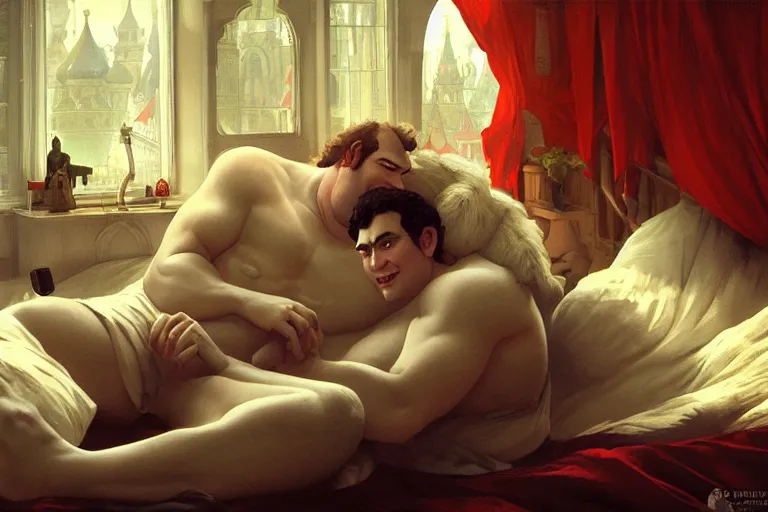 Image similar to russian poet alexander pushkin and shrek together in bed, portrait, highly detailed, digital painting, artstation, concept art, smooth, sharp focus, illustration, cinematic lighting, art by artgerm and greg rutkowski and alphonse mucha