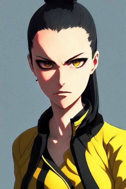 Prompt: black ponytail hair, pale woman in a black zipper jacket, yellow eyes, by artgerm, hair tied in a ponytail, black background, cinematic color grading, fighting pose, dynamic angle, by greg rutkowski makoto shinkai takashi takeuchi