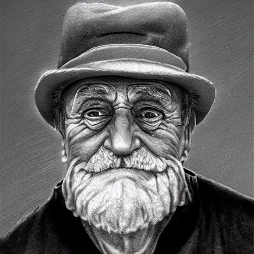 Prompt: realistic renderings of very old man portrait with a hat, astonishing scenes, photorealism