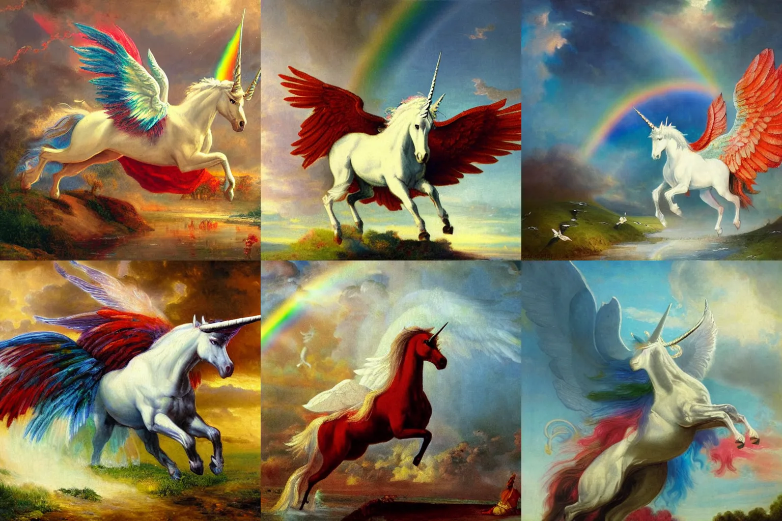 Prompt: winged unicorn with red eyes galloping on a rainbow bridge by albert edelfelt, white clouds in the background, oil painting, high detail, vibrant colors, high quality,