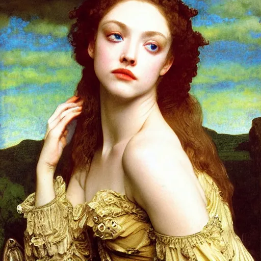 Image similar to portrait en buste of amanda seyfried in an edwardian dress by frederic william burton and frederic leighton, abundantly detailed, perfectly detailed eyes