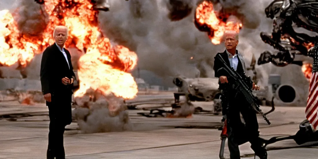 Image similar to joe biden in the terminator shooting terminator donald trump, cinematic, two characters, highly detailed, photorealistic, cinematic lighting, James Cameron