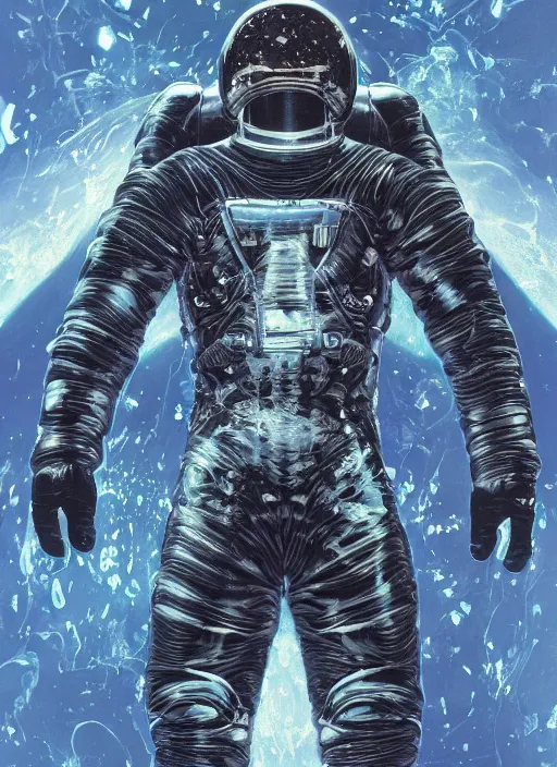 Image similar to astronaut in dark void underwater - complex and hyperdetailed technical suit design. reflection and dispersion materials. rays and dispersion of light. volumetric light. f / 3 2. noise film photo. flash photography. ultra realistic, 5 0 mm. poster by wayne barlowe, hajime sorayama aaron horkey, craig mullins