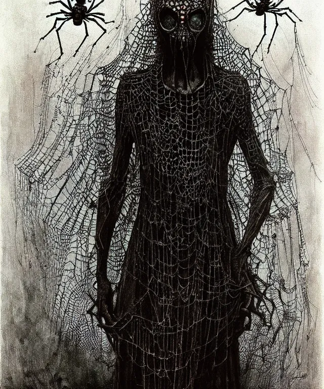 Prompt: a woman standing all covered in spiders. arachnophobia, fear of spiders, incredible number of spiders and bugs. extremely high details, spider paws and eyes, realistic, horror, creepy, web, masterpiece, art by zdzislaw beksinski, arthur rackham, dariusz zawadzki, hermann nitsch